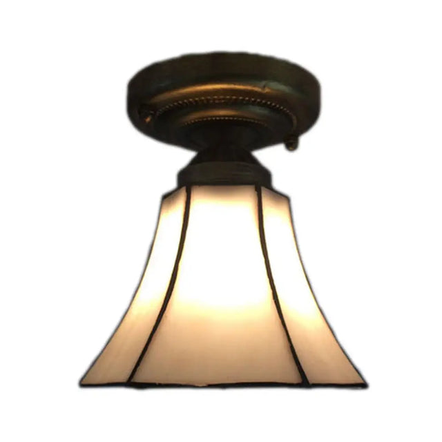 White/Beige/Blue-White Stained Glass Conical Flush Light - Tiffany 1-Light Ceiling Fixture For