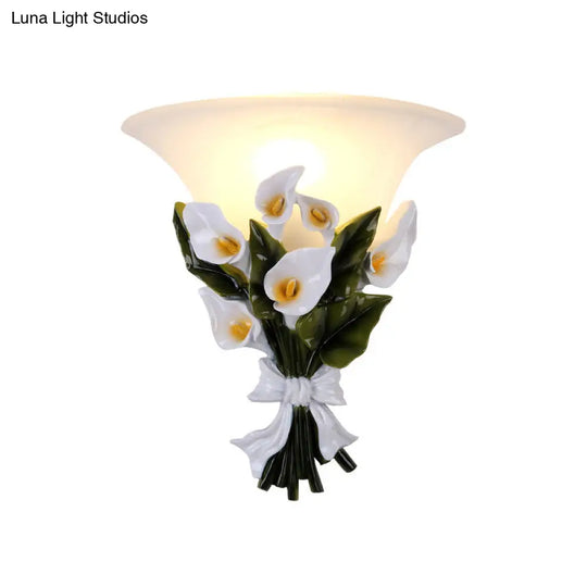 White Bell Glass Flower Wall Sconce With Resin Fixture & 1 Bulb