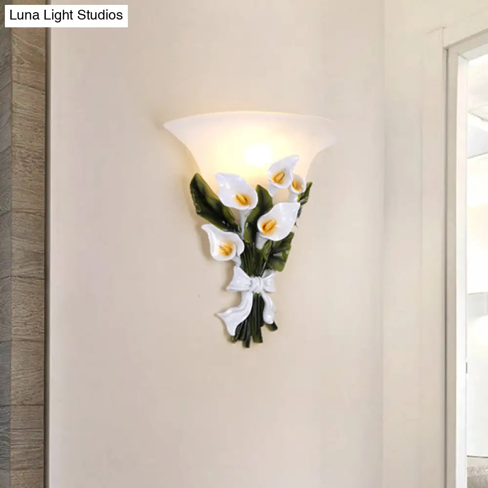 White Bell Glass Flower Wall Sconce With Resin Fixture & 1 Bulb