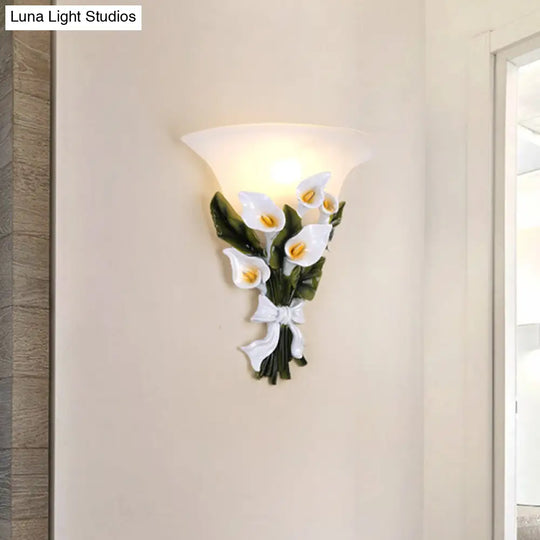 White Bell Glass Flower Wall Sconce With Resin Fixture & 1 Bulb