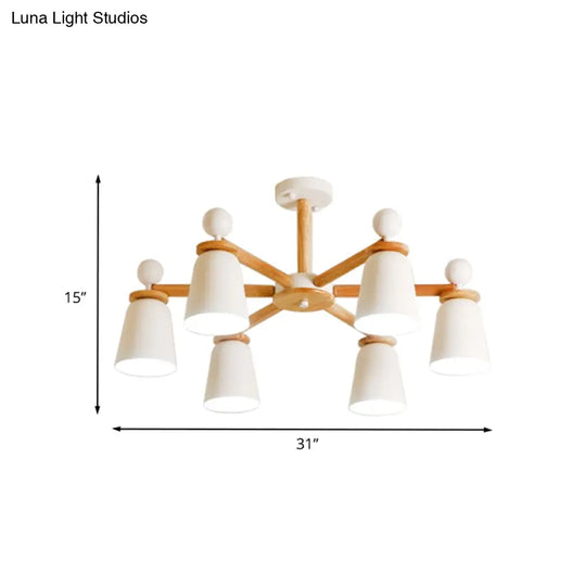 White Bell Semi Flush Modernist Ceiling Lamp Wood Arm 3/6 Lights