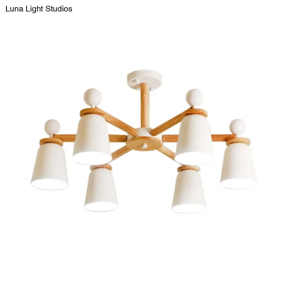 White Bell Semi Flush Modernist Ceiling Lamp Wood Arm 3/6 Lights