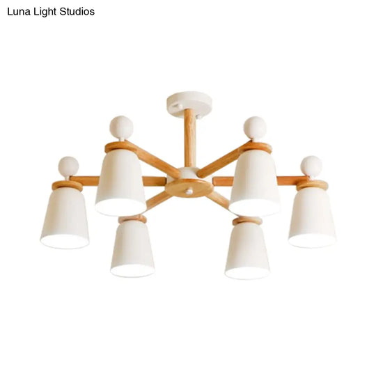 White Bell Semi Flush Modernist Ceiling Lamp Wood Arm 3/6 Lights
