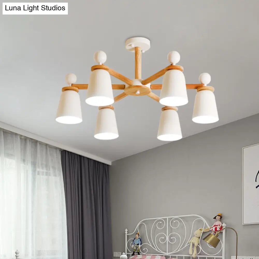 White Bell Semi Flush Modernist Ceiling Lamp Wood Arm 3/6 Lights 6 /