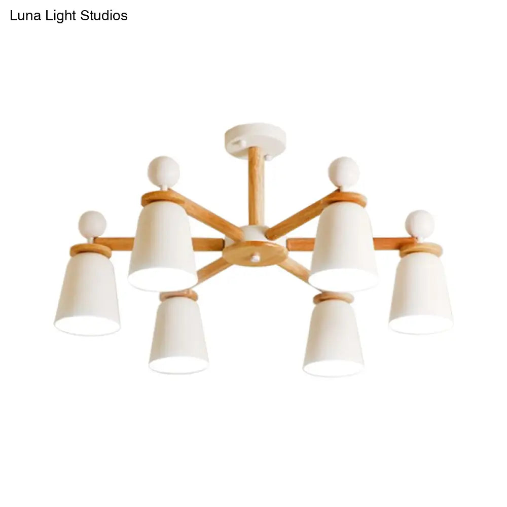 White Bell Semi Flush Modernist Ceiling Lamp Wood Arm 3/6 Lights