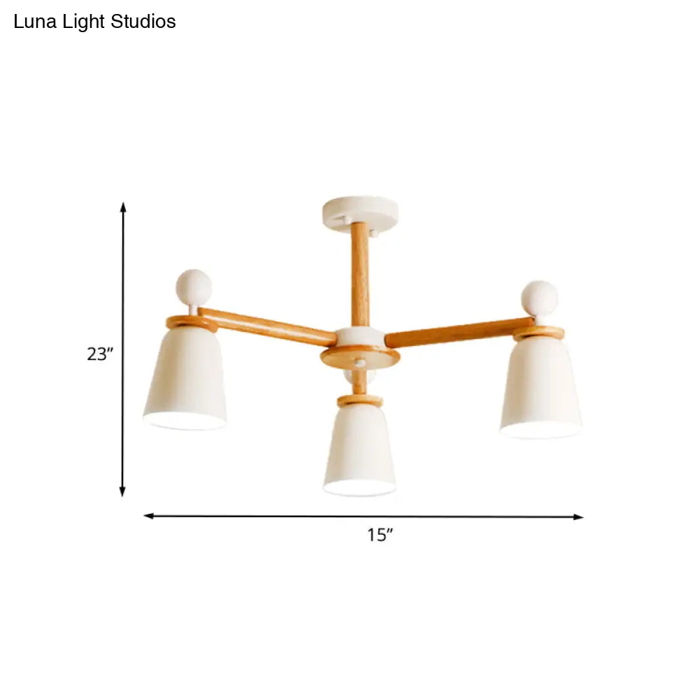 White Bell Semi Flush Modernist Ceiling Lamp Wood Arm 3/6 Lights