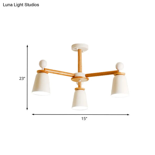 White Bell Semi Flush Modernist Ceiling Lamp Wood Arm 3/6 Lights