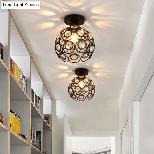 White/Black Domed Flush Mount Light With Crystal Bead Accent - Modern Metal Ceiling For Kitchen