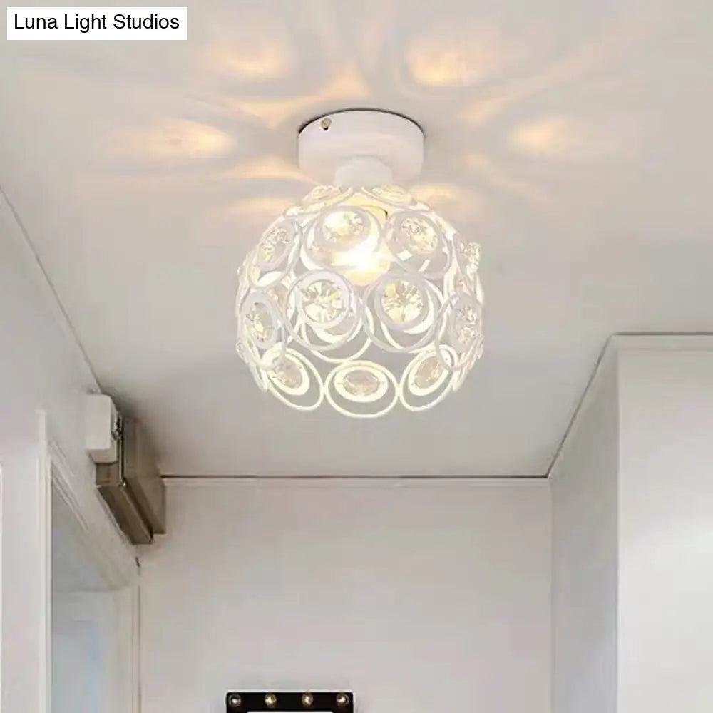 White/Black Domed Flush Mount Light With Crystal Bead Accent - Modern Metal Ceiling For Kitchen