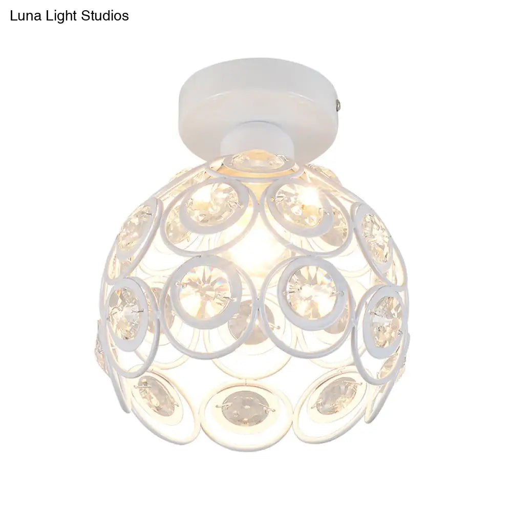 White/Black Domed Flush Mount Light With Crystal Bead Accent - Modern Metal Ceiling For Kitchen