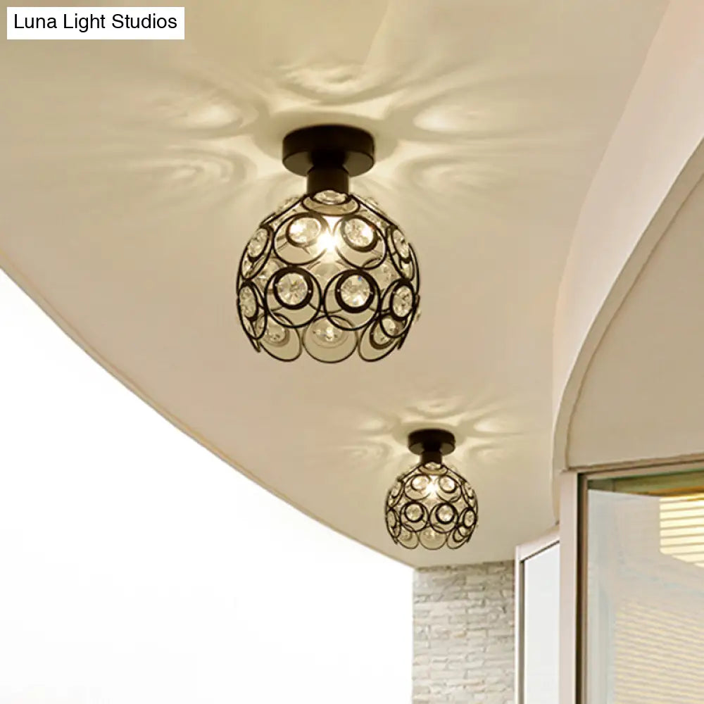 White/Black Domed Flush Mount Light With Crystal Bead Accent - Modern Metal Ceiling For Kitchen