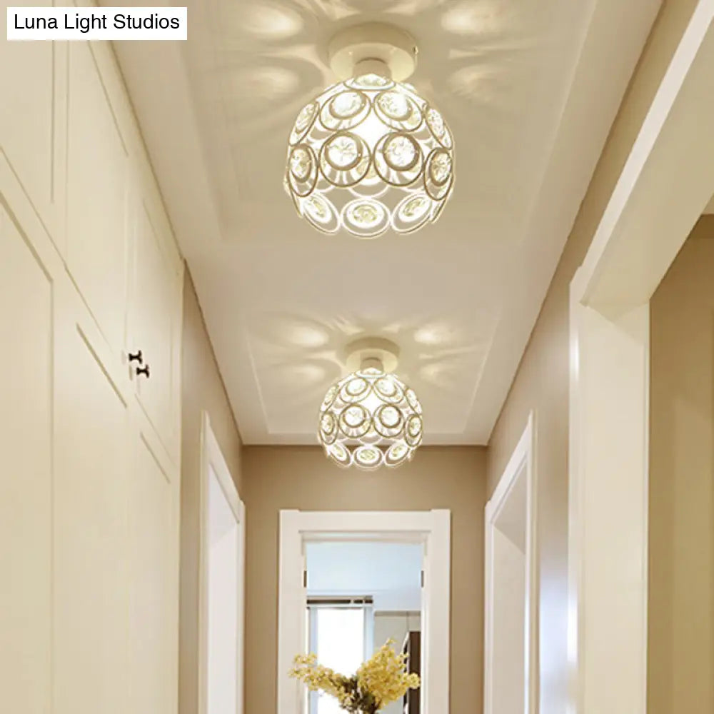 White/Black Domed Flush Mount Light With Crystal Bead Accent - Modern Metal Ceiling For Kitchen