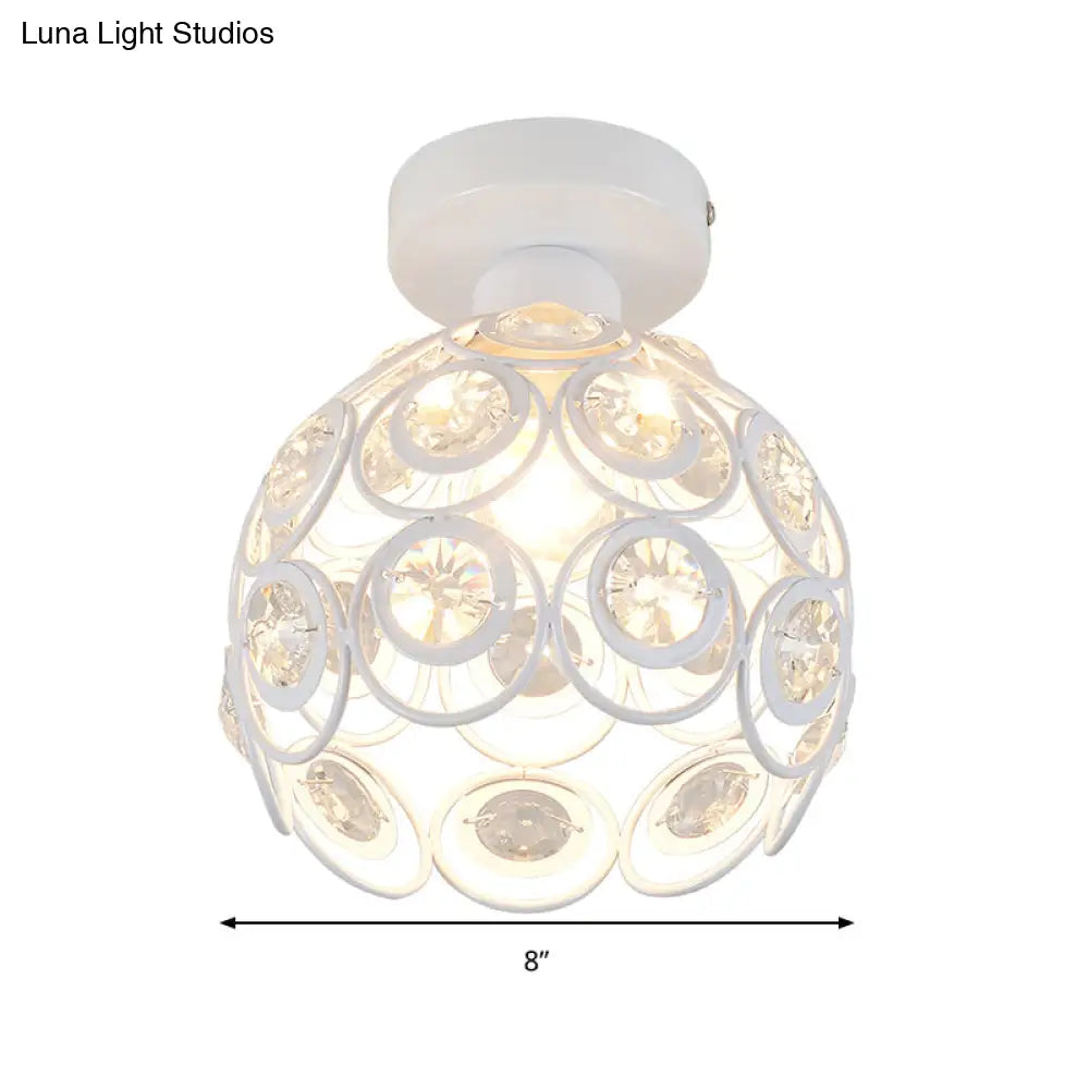 White/Black Domed Flush Mount Light With Crystal Bead Accent - Modern Metal Ceiling For Kitchen
