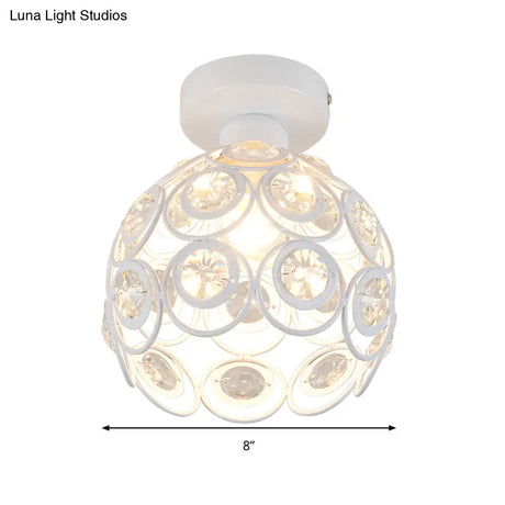 White/Black Domed Flush Mount Light With Crystal Bead Accent - Modern Metal Ceiling For Kitchen
