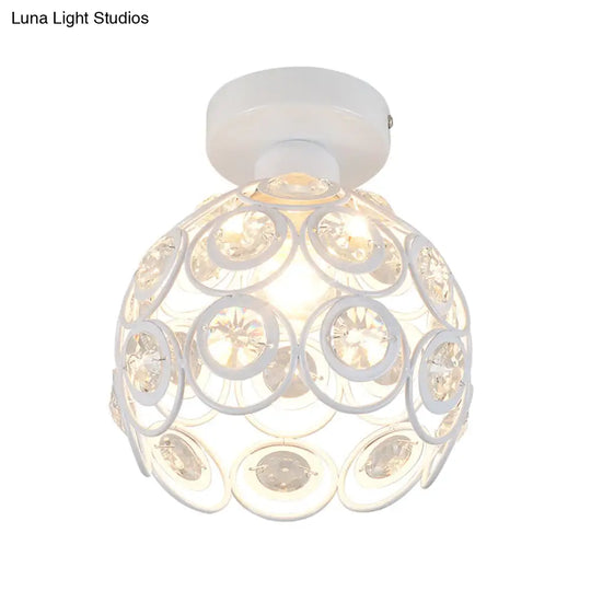 White/Black Domed Flush Mount Light With Crystal Bead Accent - Modern Metal Ceiling For Kitchen
