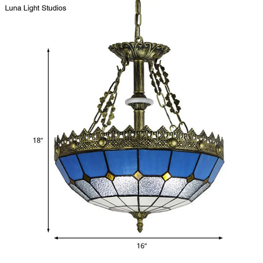 Tiffany Hand Cut Glass Bowl Shade Pendant Chandelier - White/Blue 3 Lights Bedroom Lamp 12/16 W