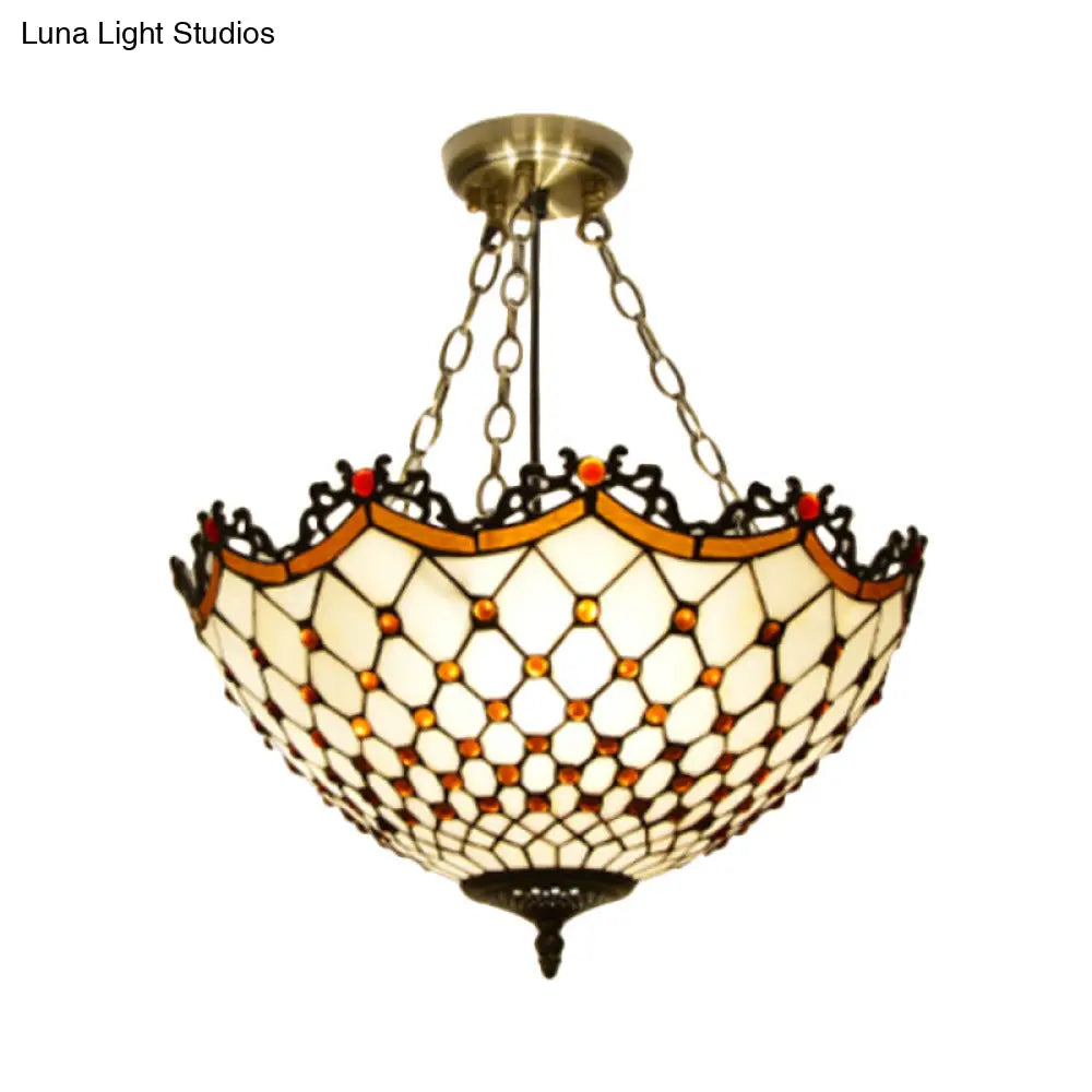 White/Blue Glass Baroque Ceiling Lamp - 3 - Light Semi Mount Lighting Bowl For Living Room