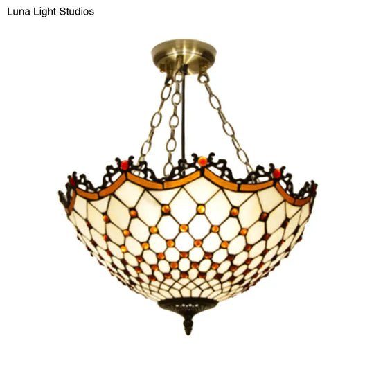 White/Blue Glass Baroque Ceiling Lamp - 3-Light Semi Mount Lighting Bowl For Living Room