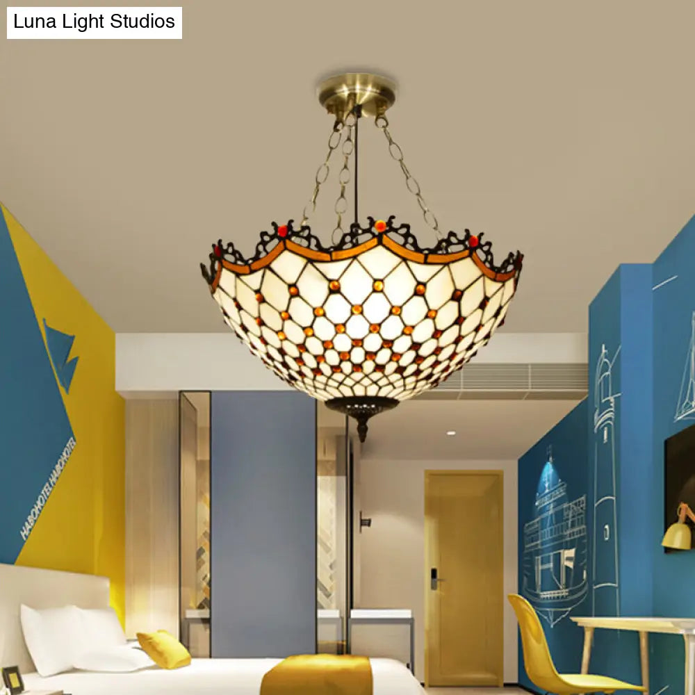 White/Blue Glass Baroque Ceiling Lamp - 3-Light Semi Mount Lighting Bowl For Living Room White