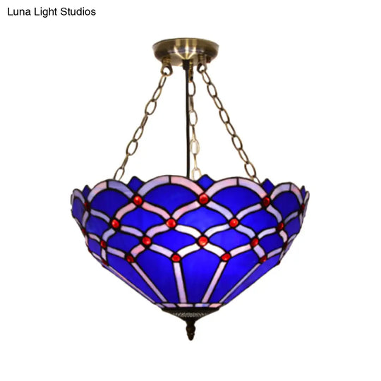 White/Blue Glass Baroque Ceiling Lamp - 3-Light Semi Mount Lighting Bowl For Living Room Blue