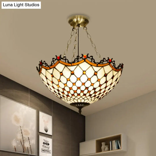 White/Blue Glass Baroque Ceiling Lamp - 3-Light Semi Mount Lighting Bowl For Living Room