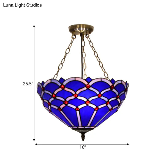 White/Blue Glass Baroque Ceiling Lamp - 3 - Light Semi Mount Lighting Bowl For Living Room