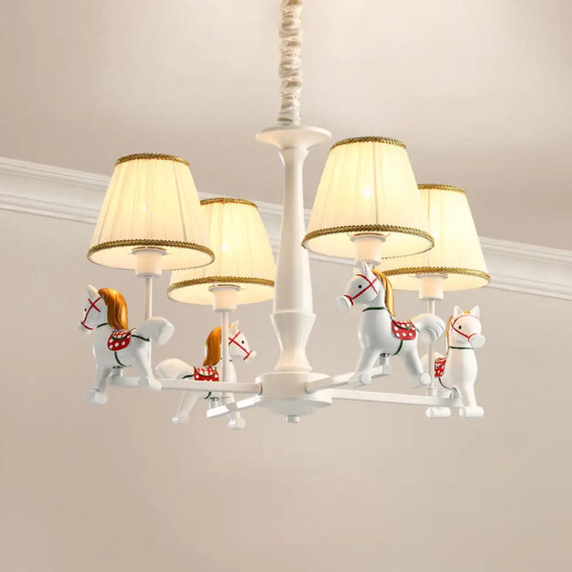 White Cartoon Chandelier With Horse Resin - Pleated Fabric Tapered Ceiling Lighting 4 / B
