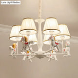 White Cartoon Chandelier With Horse Resin - Pleated Fabric Tapered Ceiling Lighting