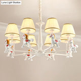 White Cartoon Chandelier With Horse Resin - Pleated Fabric Tapered Ceiling Lighting