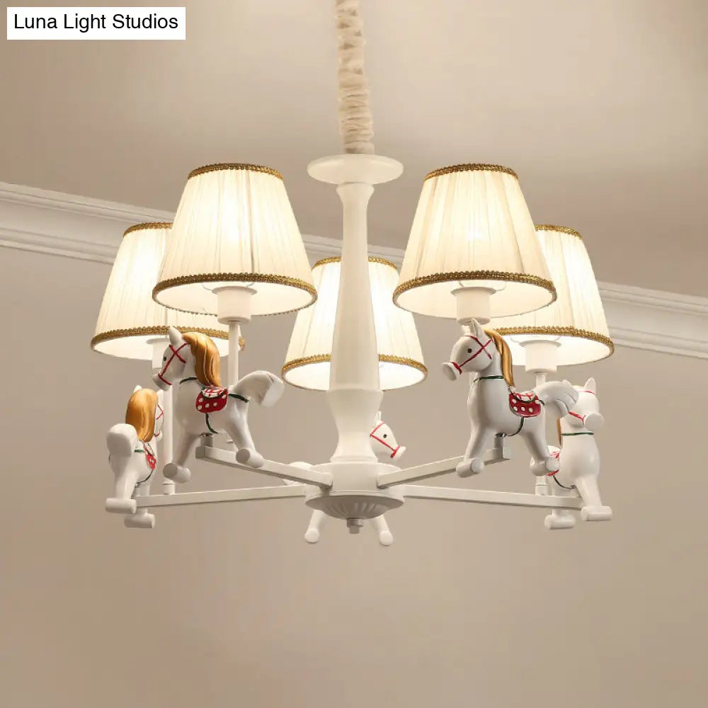 White Cartoon Chandelier With Horse Resin - Pleated Fabric Tapered Ceiling Lighting