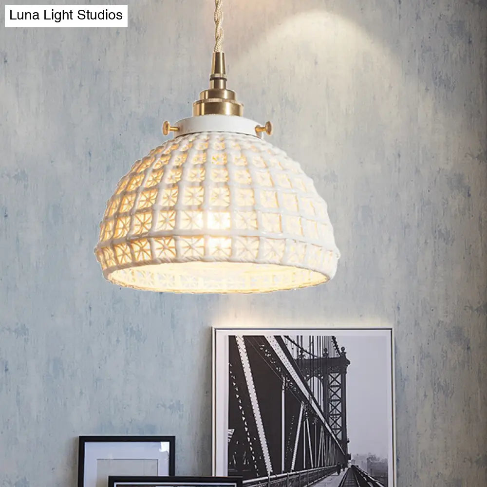 White Ceramic Domed Basket Pendant Lamp - Modern 1-Head Hanging Light For Kitchen Hallway / 6’