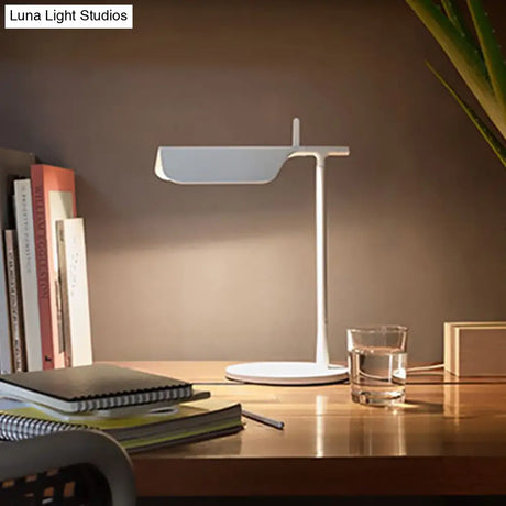White Contemporary Led Desk Lamp For Bedroom Sleek Triangular Metal Nightstand Light