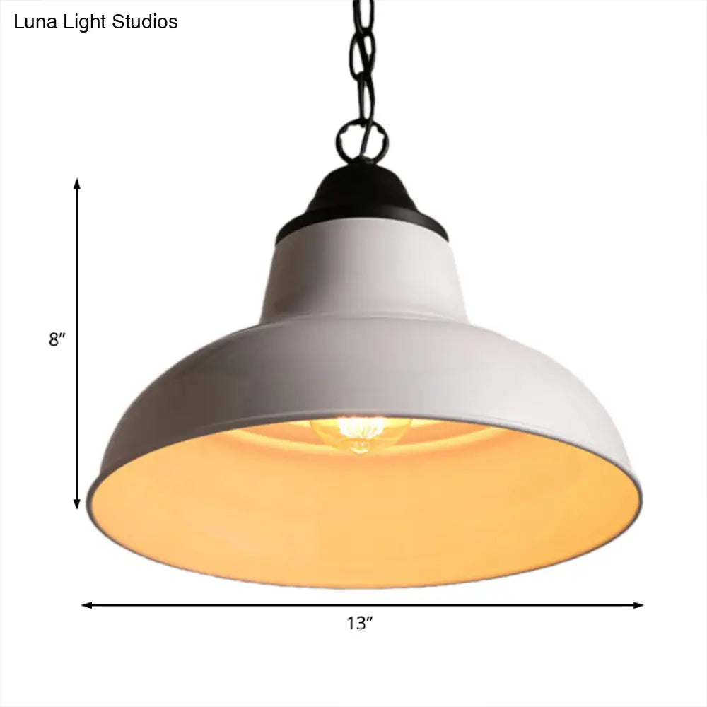 White Dome Pendant Light With Metallic 1-Head And Chain For Dining Table