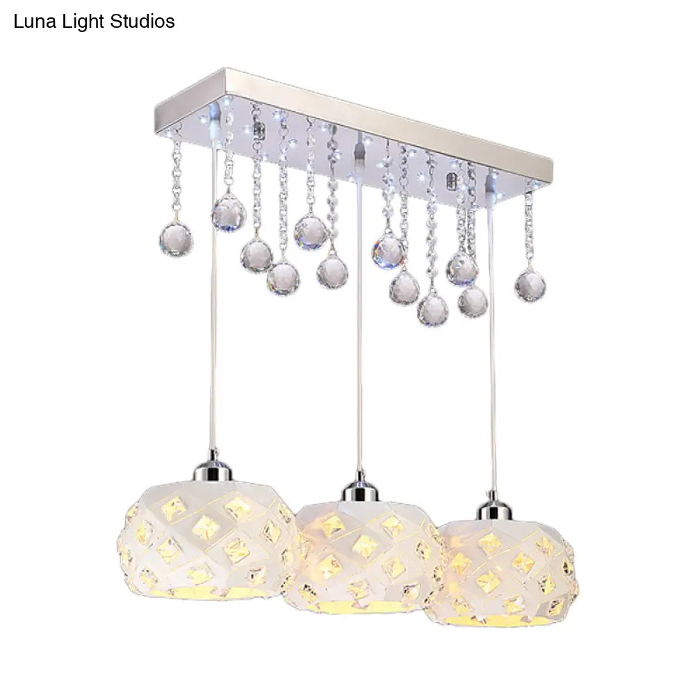 White Drum Pendant Light With Crystal Ball Accent - Sleek 3-Bulb Metal Hanging Lamp