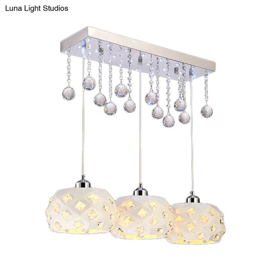 White Drum Pendant Light With Crystal Ball Accent - Sleek 3-Bulb Metal Hanging Lamp