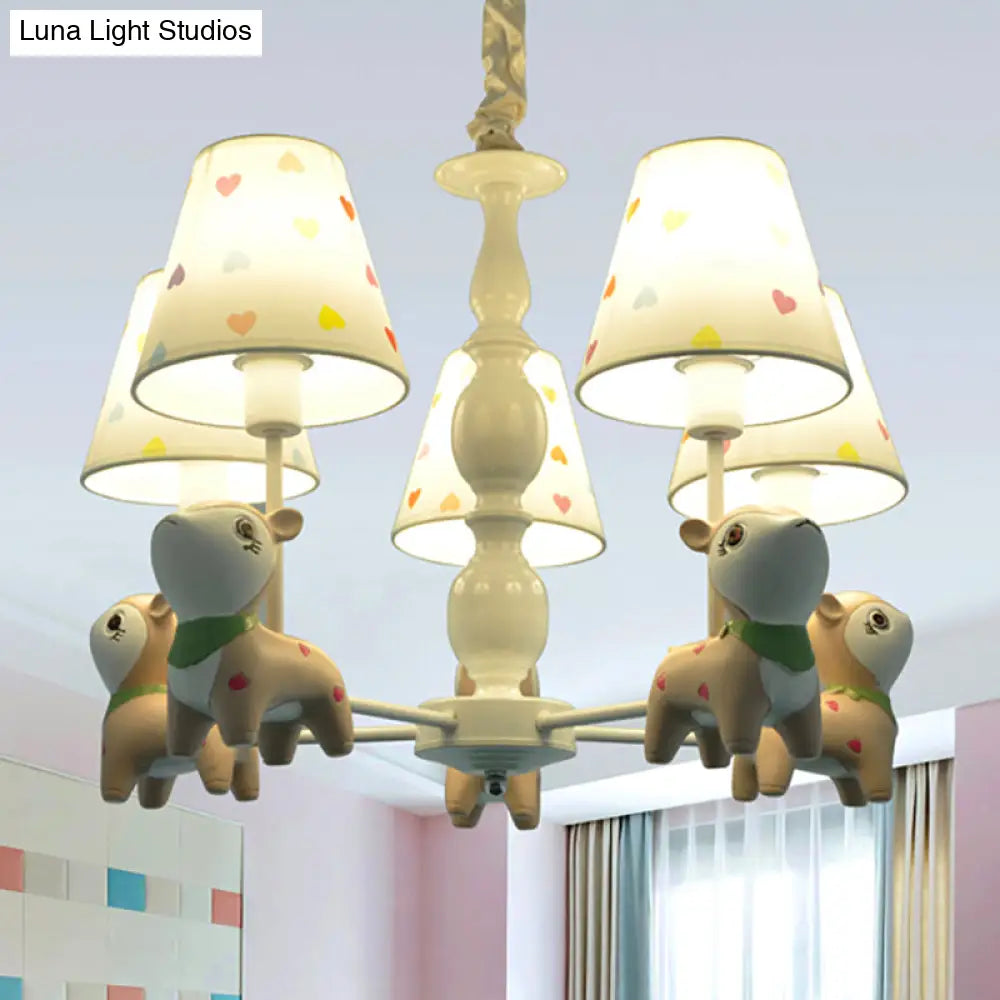 White Fabric Animal Baby Deer Chandelier: 5-Light Pendant Fixture For Kids Bedroom