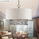 White Fabric Ceiling Chandelier Drum Shade Pendant Light - 5-Light Fixture With Crystal Droplet