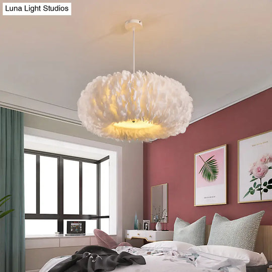 White Donut Pendant Feather Bedroom Ceiling Chandelier - Simple Stylish Lamp
