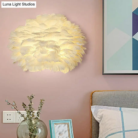 White Feather Nordic Wall Sconce With Blossoming Flower Design For Girls Bedroom Lighting