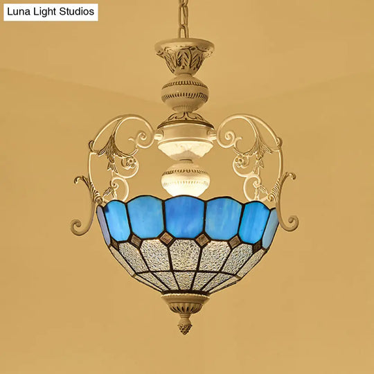 Tiffany-Style Stained Glass Pendant Lamp With White Finish Bowl And Multiple Color Options / Blue