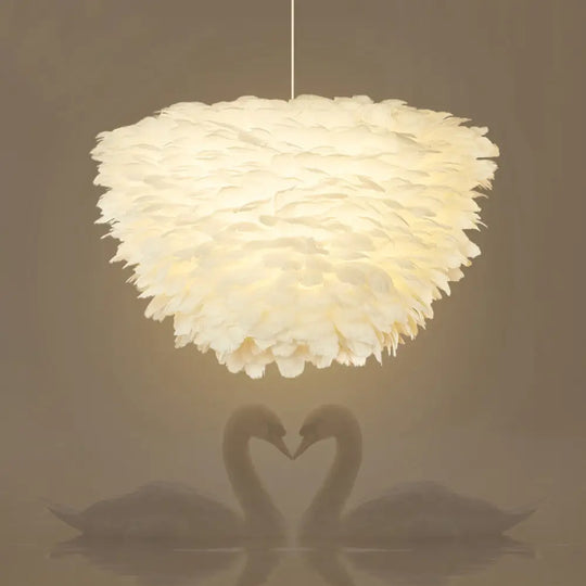 White Floral Pendant Chandelier With Feather Accent - Simple Dining Room Lighting / 13’