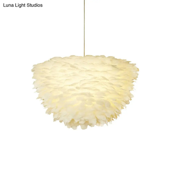 White Floral Pendant Chandelier With Feather Accent - Simple Dining Room Lighting
