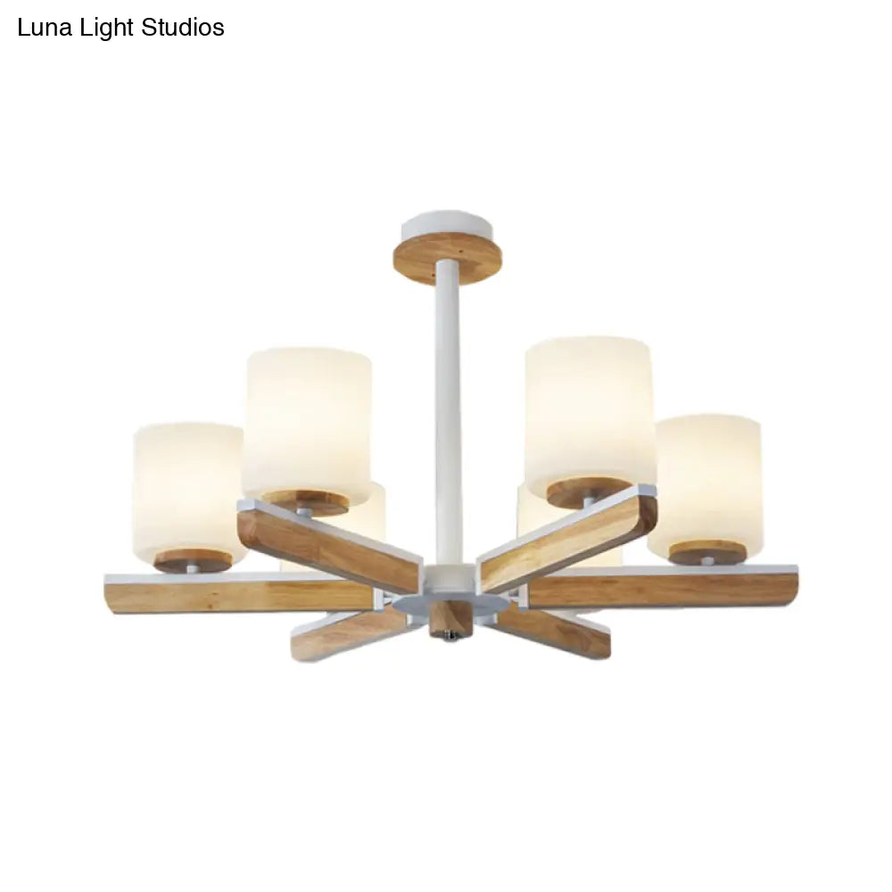 White Frosted Glass Modernist 6-Head Radial Pendant Chandelier For Living Room Wood Finish