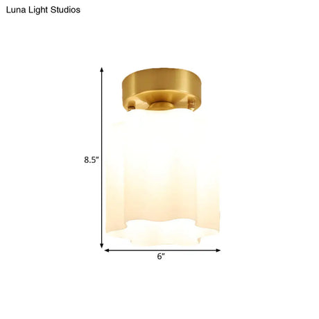 White Glass Brass Flush Lamp - Scalloped/Shell/Trapezoid Design 1 - Light Cottage Ceiling Mount For