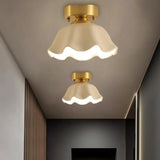 White Glass Brass Flush Lamp - Scalloped/Shell/Trapezoid Design 1 - Light Cottage Ceiling Mount For