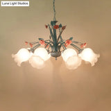 White Glass Chandelier Light - Floral Countryside 8 Bulbs Pendant Lamp For Living Room In Blue