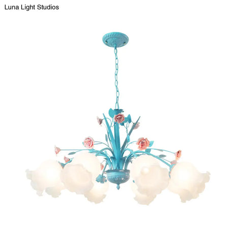 White Glass Chandelier Light - Floral Countryside 8 Bulbs Pendant Lamp For Living Room In Blue