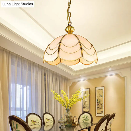 White Glass Chandelier Light - Scalloped Colonial Style Dining Room Pendant Lamp (3 Bulbs)