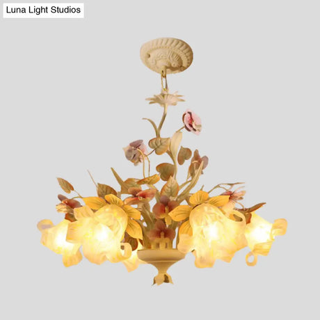 White Glass Chandelier With Flower And Leaf Decor For Countryside Charm - 3/6 Bulb Pendant Bedroom