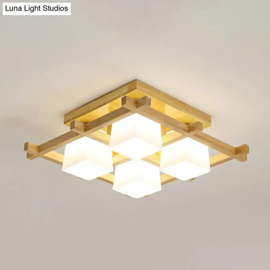 White Glass Cube Ceiling Flush Light - Modern Semi Mount Lighting With Wood Grid